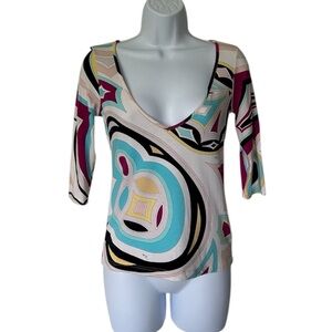 Emilio Pucci V Neck Top Multicolor Abstract Print 3/4 Excellent Size S